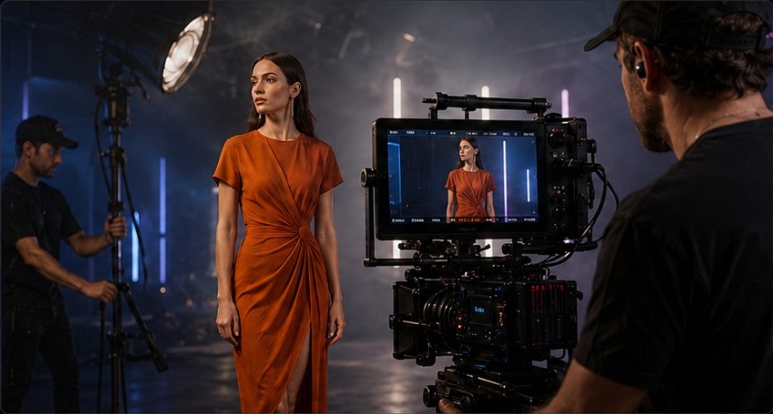 A model in an orange dress being filmed by a professional camera crew